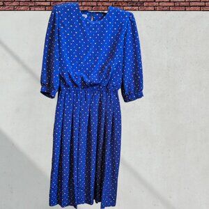 Blue Dress with Elastic Waist, Keyhole Back Neck Elbow Sleeves